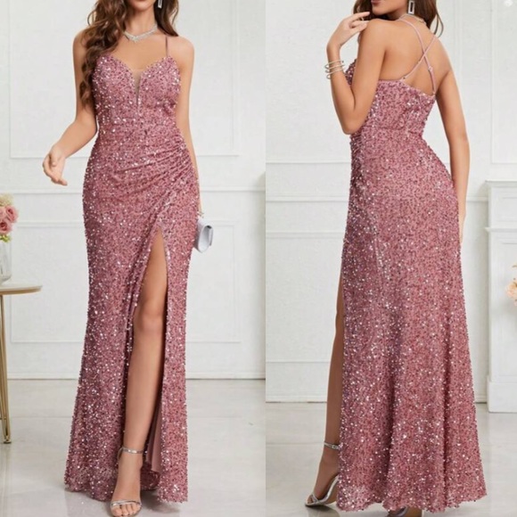 Luxe slit thigh party formal evening dress